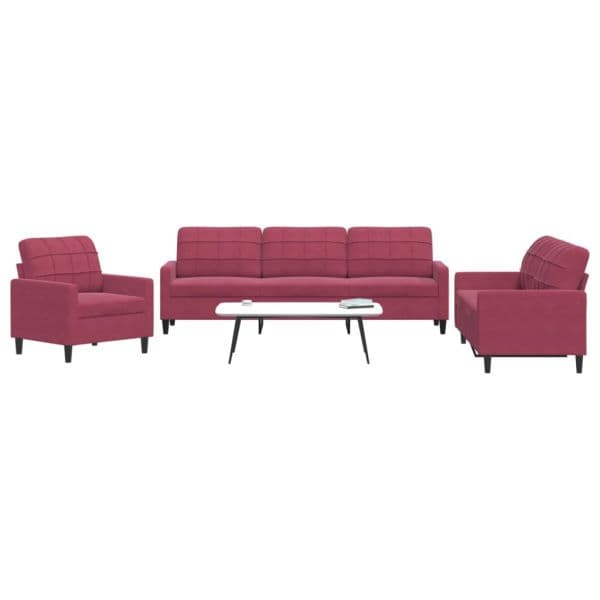 Sofá vidaXL 3 Peças com Almofadões Veludo Vermelho Tinto - 896912638
