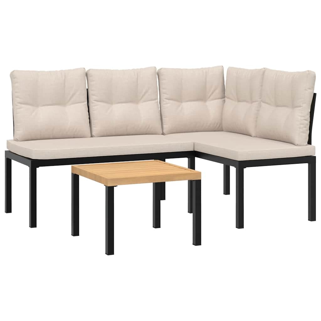 vidaXL Bancos de jardim com almofadões 3 pcs aço revestido a pó preto