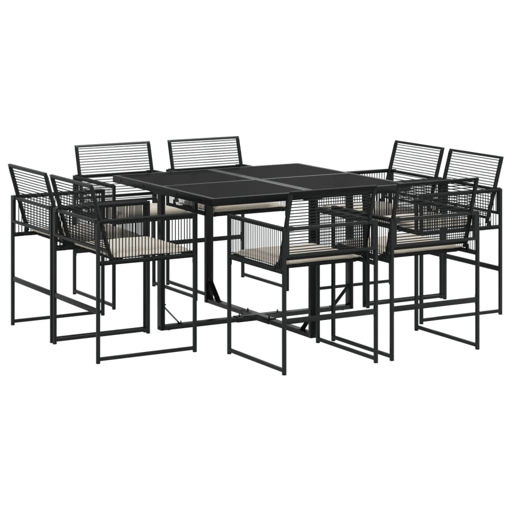 vidaXL 9 pcs conjunto de jantar p/ jardim c/ almofadões vime PE preto