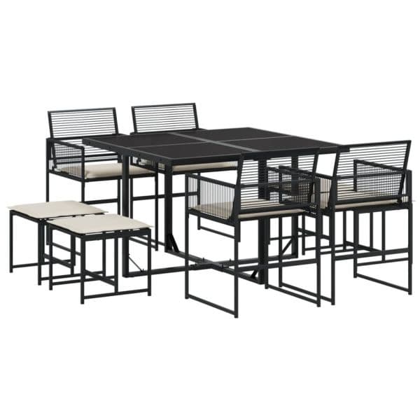 vidaXL 9 Peças Conjunto de Jantar para Jardim com Almofadões Vime Pe Preto - 411848546