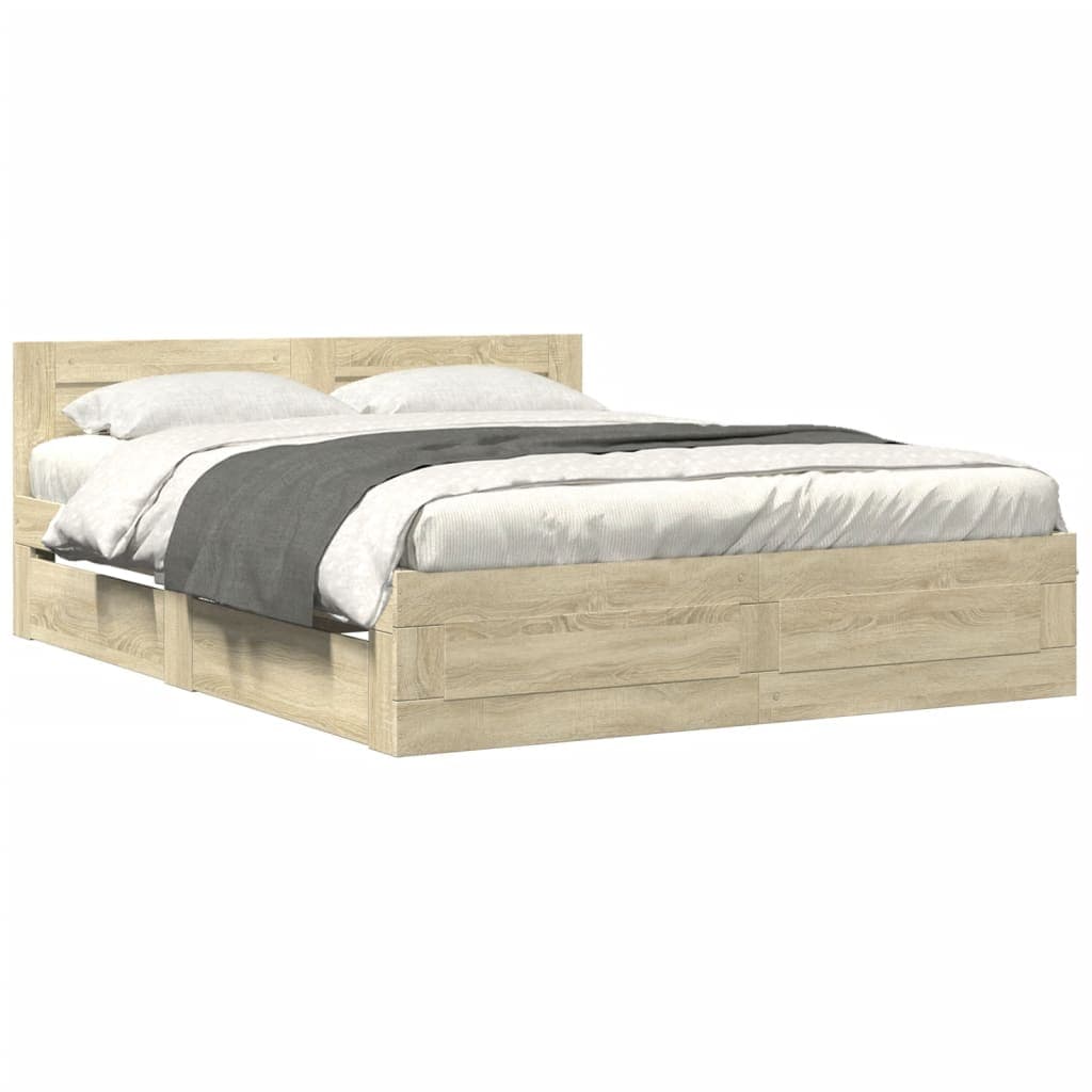 vidaXL Estrutura Cama com Cabeceira Derivados Madeira Carvalho Sonoma - 1608356732