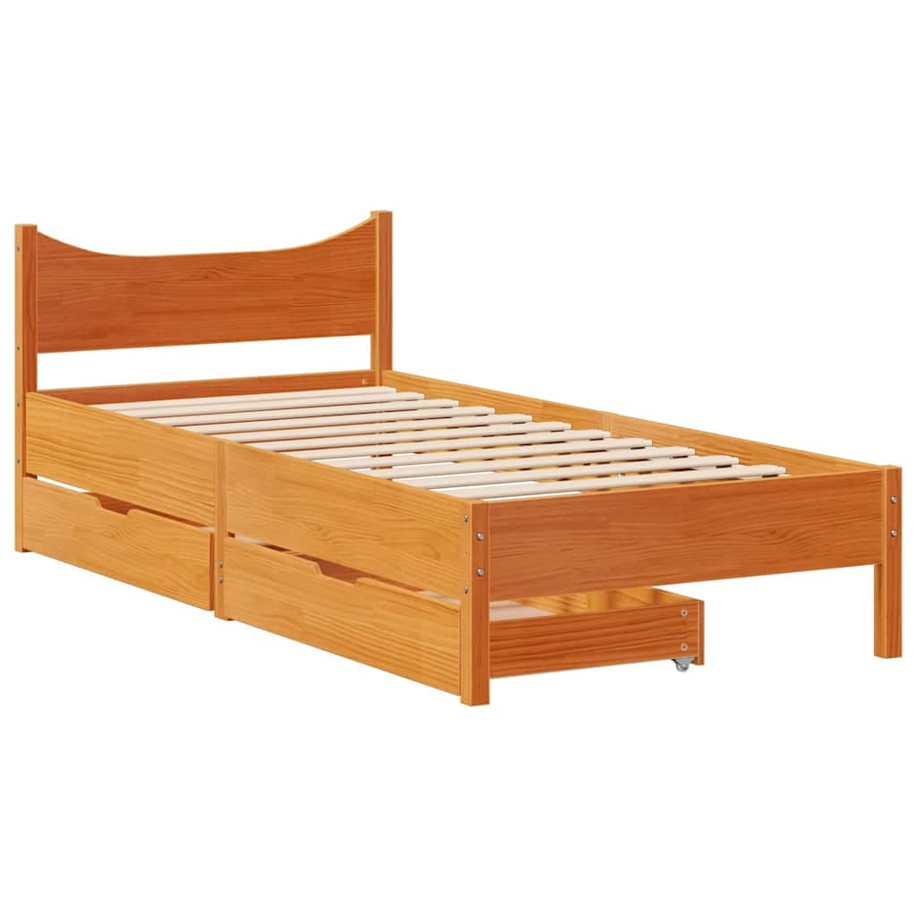 vidaXL Estrutura de cama c/ gavetas 75x190cm pinho maciço castanho-mel