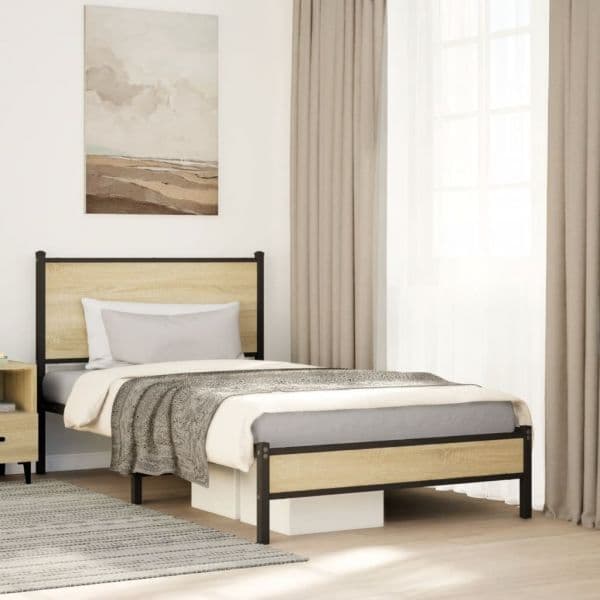 vidaXL Estrutura de Cama sem Colchão 107x203 cm Metal Carvalho Sonoma - 1412670090