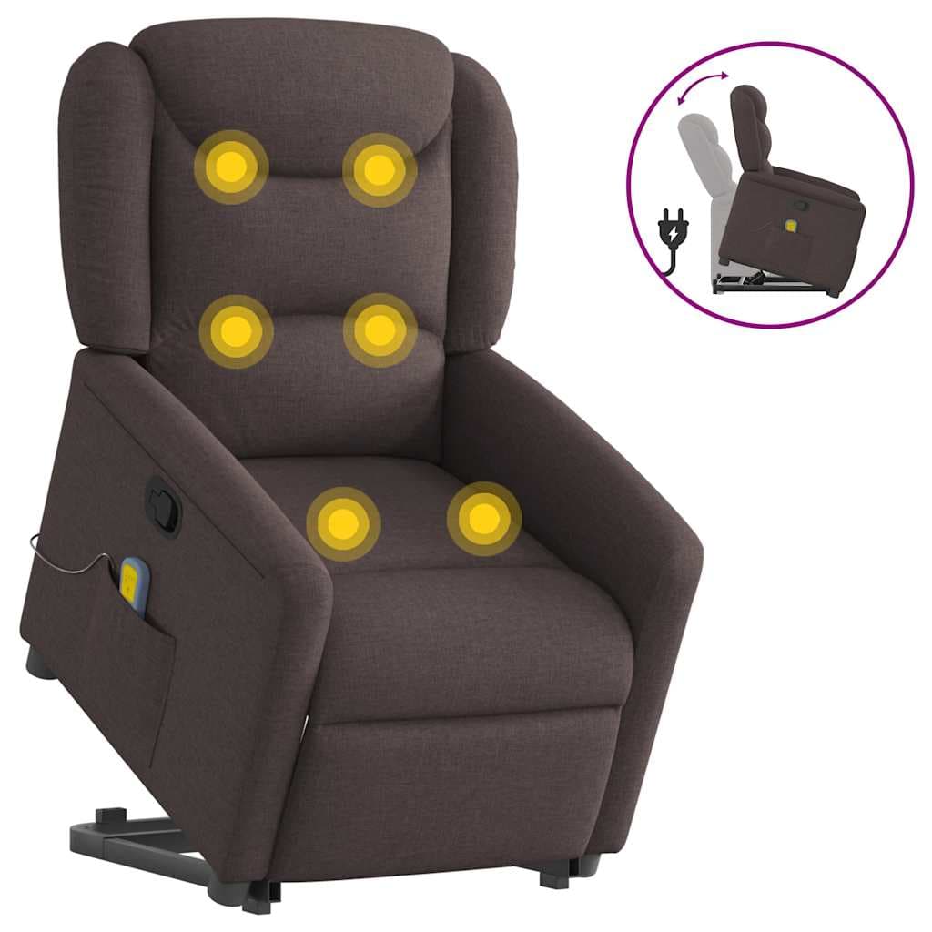 vidaXL Poltrona massagens reclinável elevatória tecido castanho-escuro