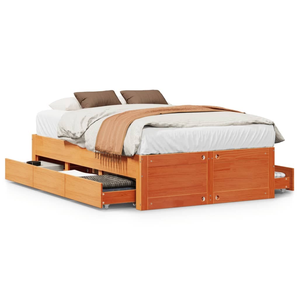 vidaXL Cama sem Colchão com Gavetas Madeira Pinho Maciça Castanho-mel - 8721158382481