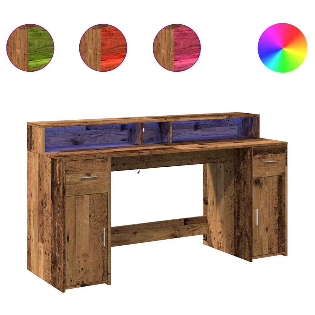 vidaXL Secretária com luzes LED derivados de madeira madeira velha