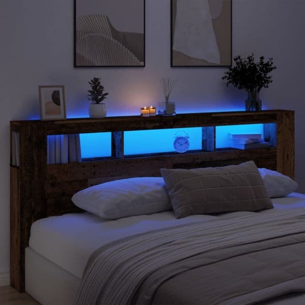 vidaXL Cabeceira com Leds 220x18,5x103,5cm Derivados Madeira Madeira Velha - 918396428