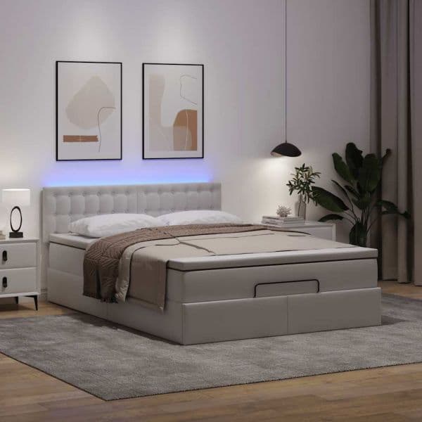 vidaXL Estrutura de Cama Otomana com Colchão 140x200 cm Branco Puro - 821302095