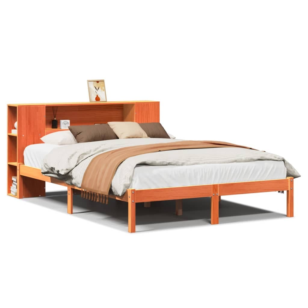 vidaXL Cama com Estante sem Colchão 140x190 cm Pinho Maciço - 2185070515