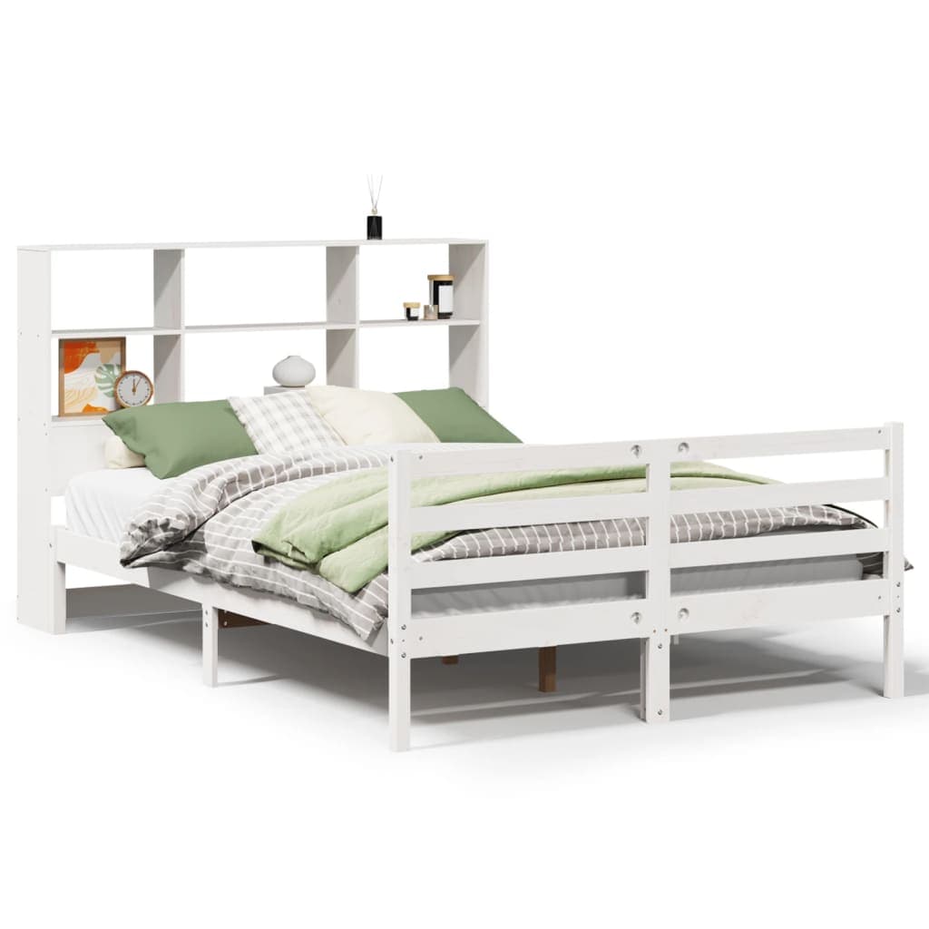 vidaXL Cama com estante sem colchão 140x190 cm pinho maciço branco