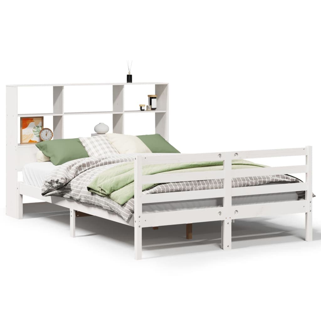 vidaXL Cama com estante sem colchão 140x200 cm pinho maciço branco