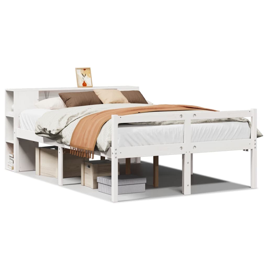 vidaXL Cama com estante sem colchão 140x190 cm pinho maciço branco
