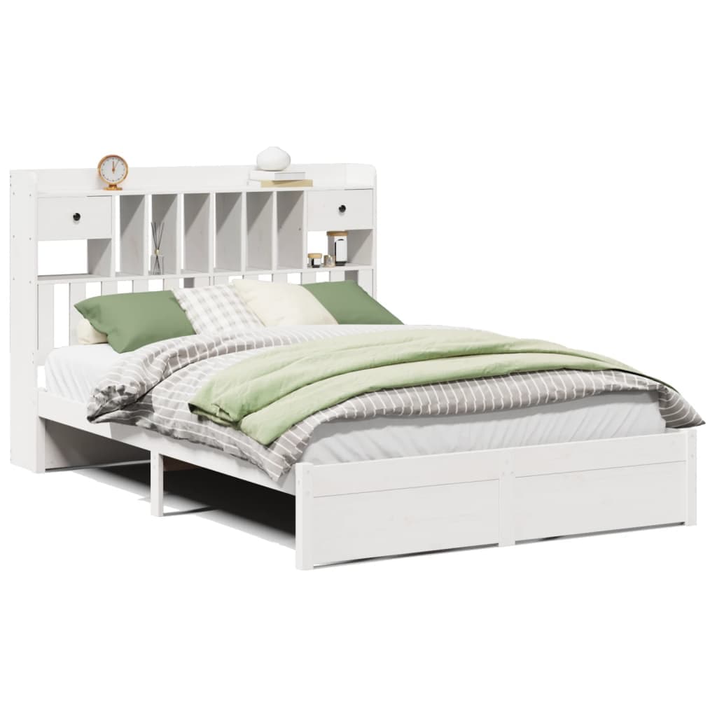 vidaXL Cama com estante sem colchão 140x190 cm pinho maciço branco
