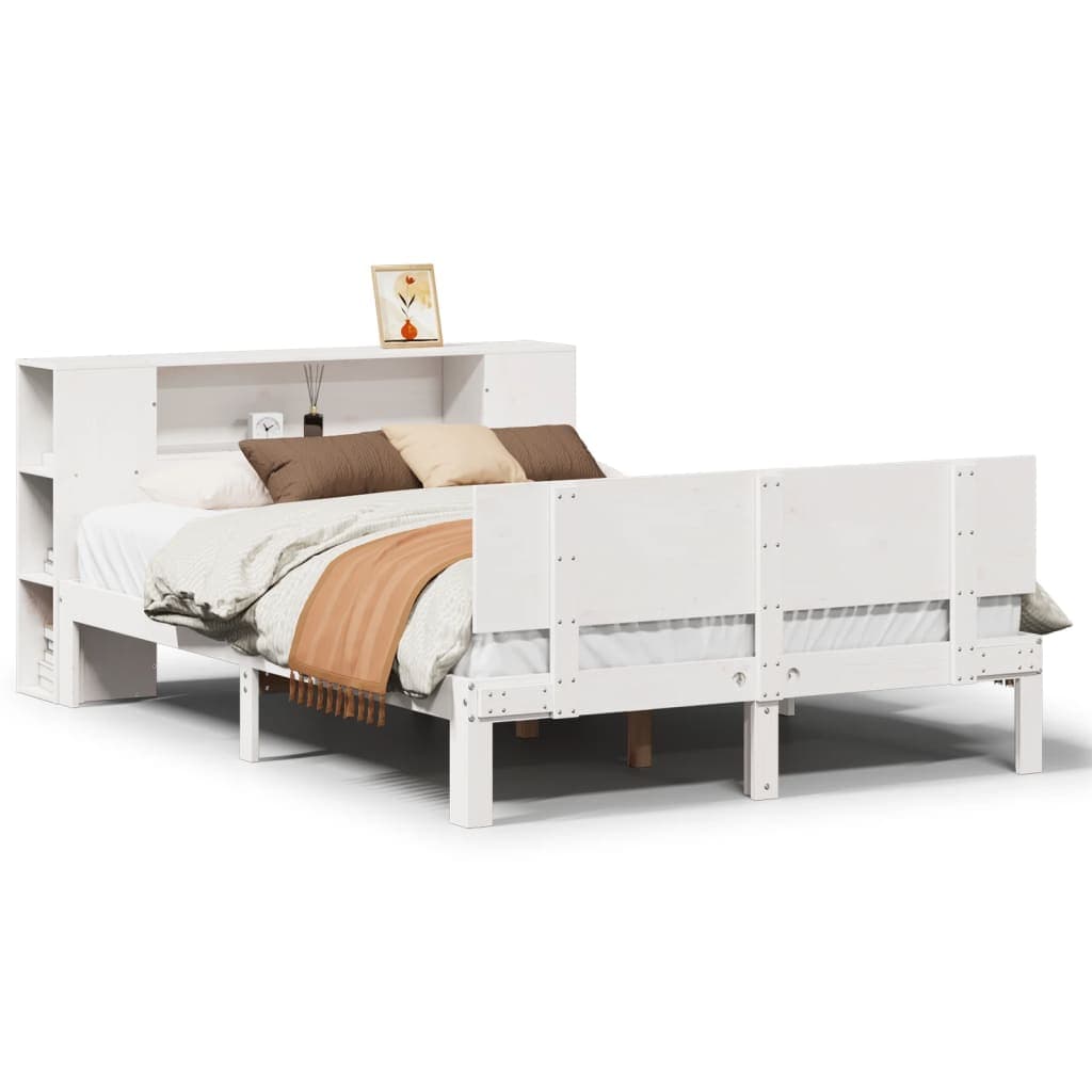 vidaXL Cama com estante sem colchão 135x190 cm pinho maciço branco
