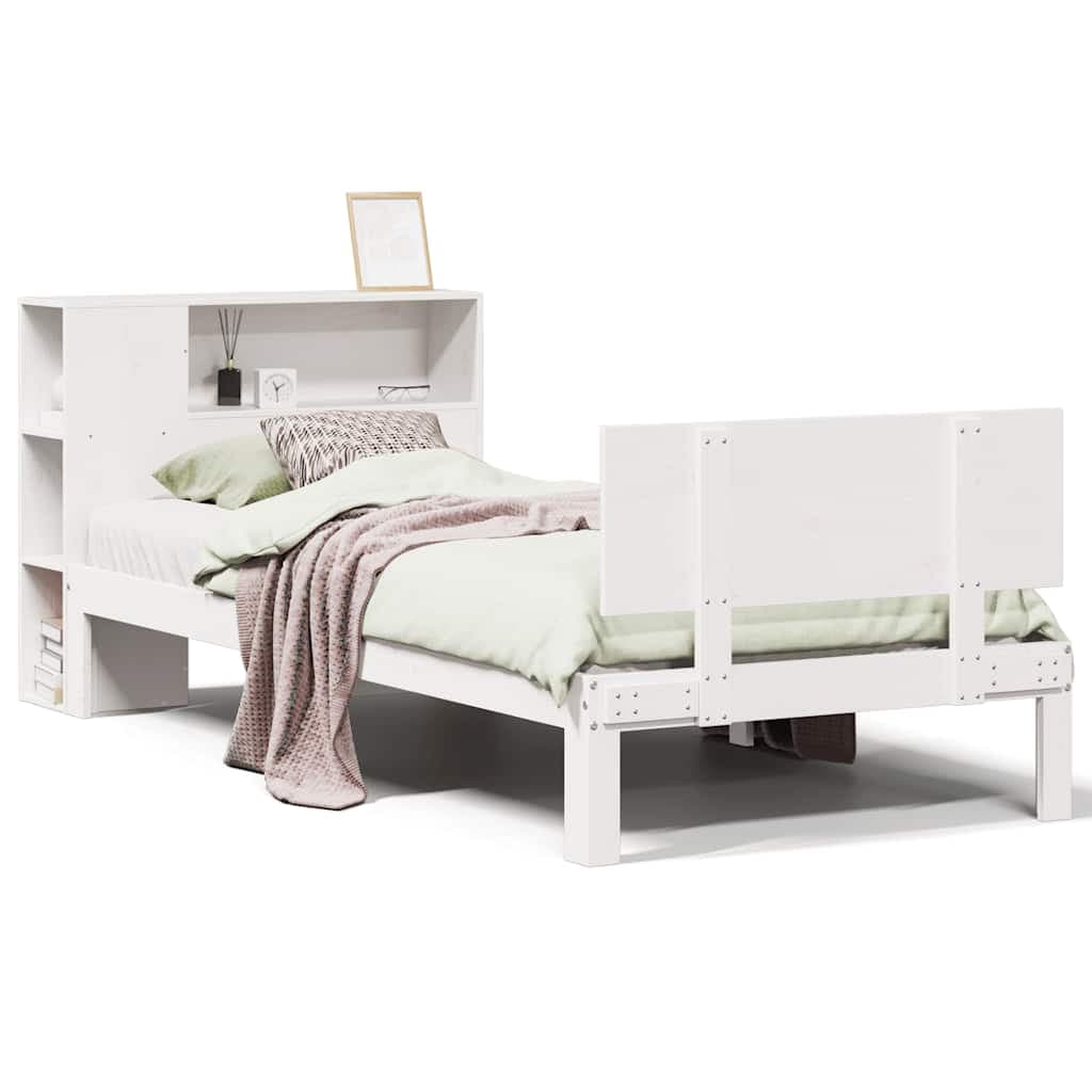 vidaXL Cama com estante sem colchão 75x190 cm pinho maciço branco