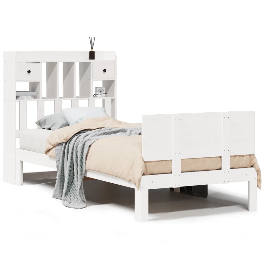 vidaXL Cama com estante sem colchão 90x190 cm pinho maciço branco