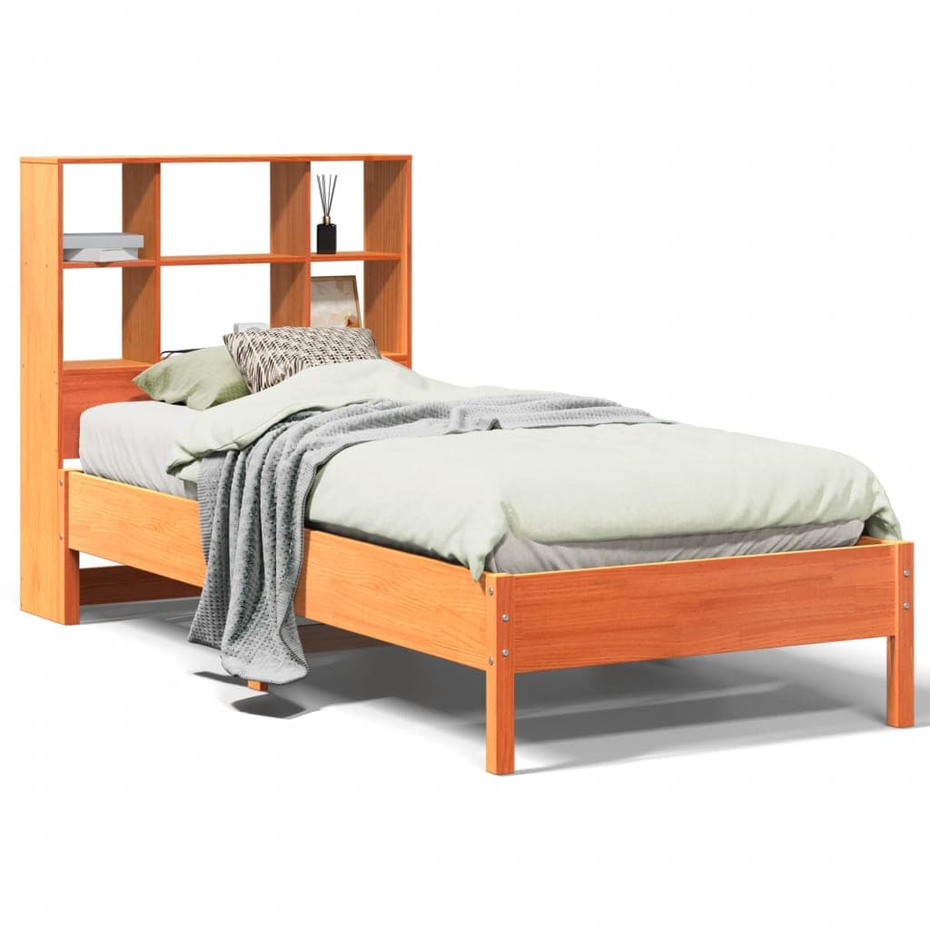 vidaXL Cama com Estante sem Colchão 100x200cm Pinho Maciço Castanho-mel - 1253257362