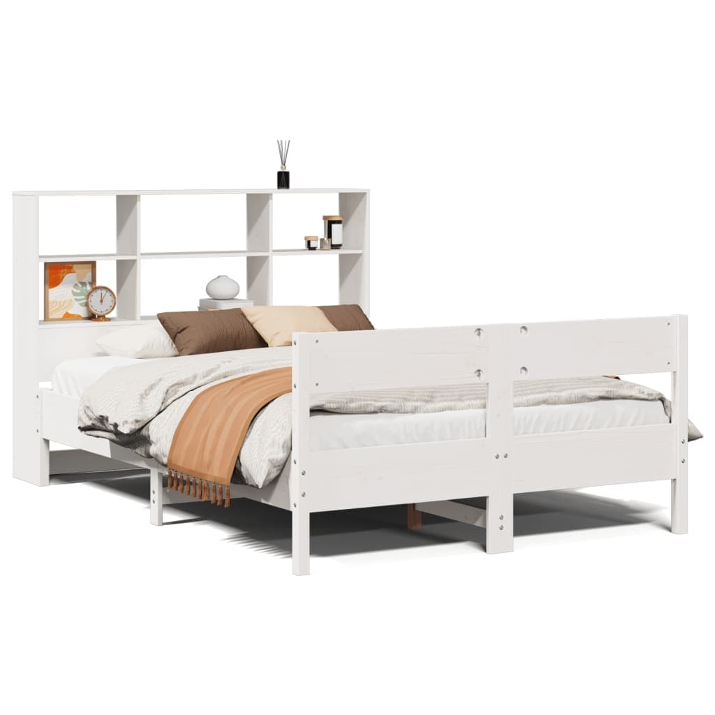 vidaXL Cama com Estante sem Colchão 140x190 cm Pinho Maciço Branco - 3179681978