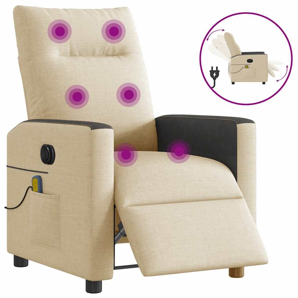 vidaXL Poltrona de Massagens Reclinável Elétrica Tecido Creme - 1038179747