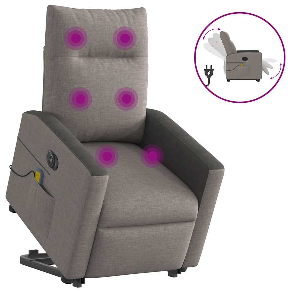 vidaXL Poltrona Elétrica Elevatória Massagens Tecido Cinza-acastanhado - 1640709878