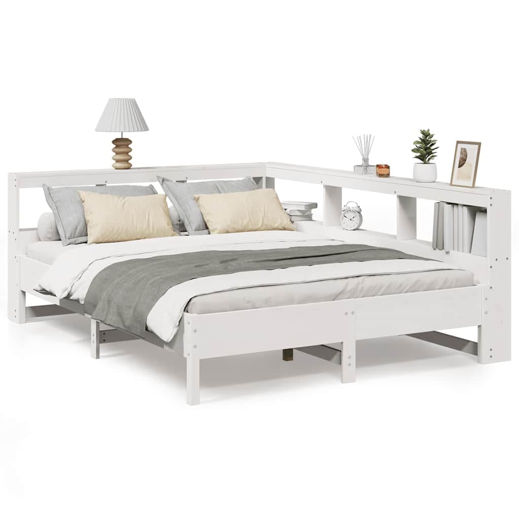vidaXL Cama com estante sem colchão 150x200 cm pinho maciço branco