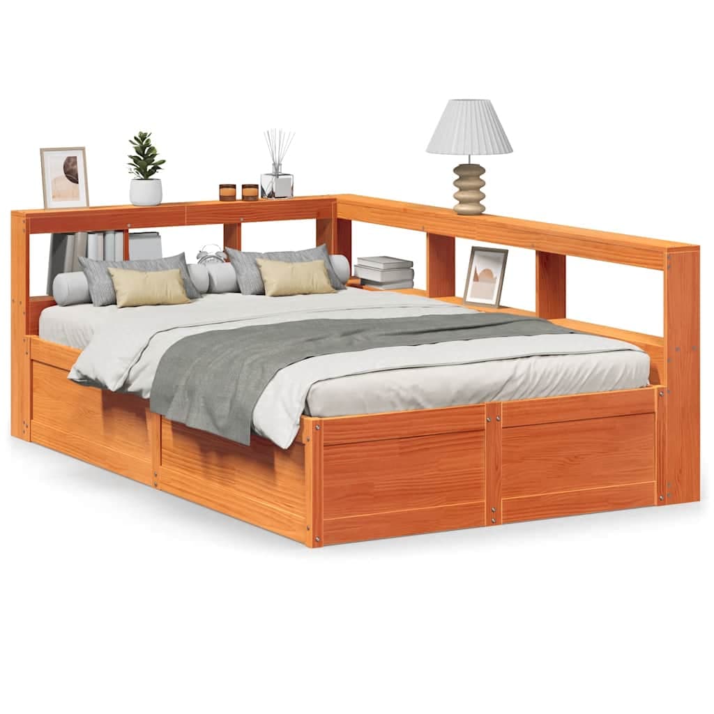 vidaXL Cama com estante sem colchão 140x190 cm pinho maciço