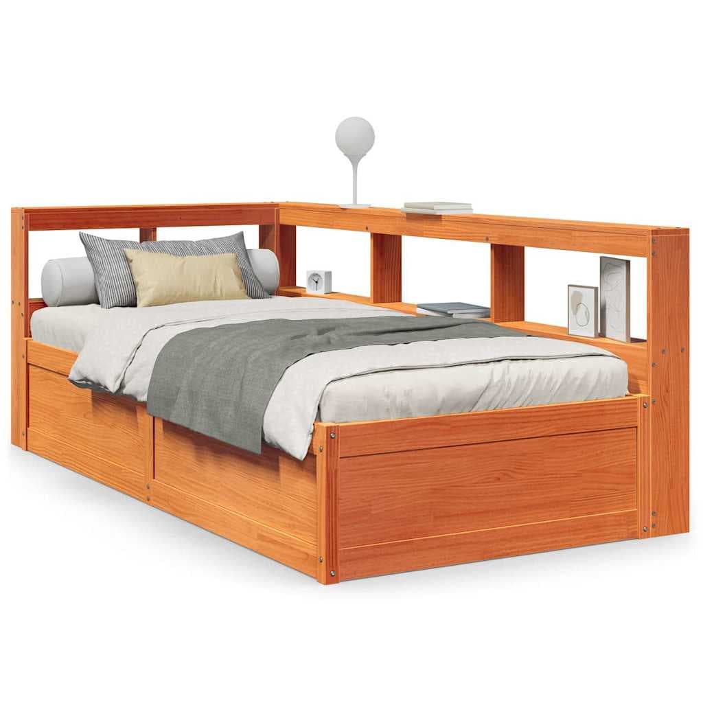 vidaXL Cama com estante sem colchão 90x190cm pinho maciço castanho-mel