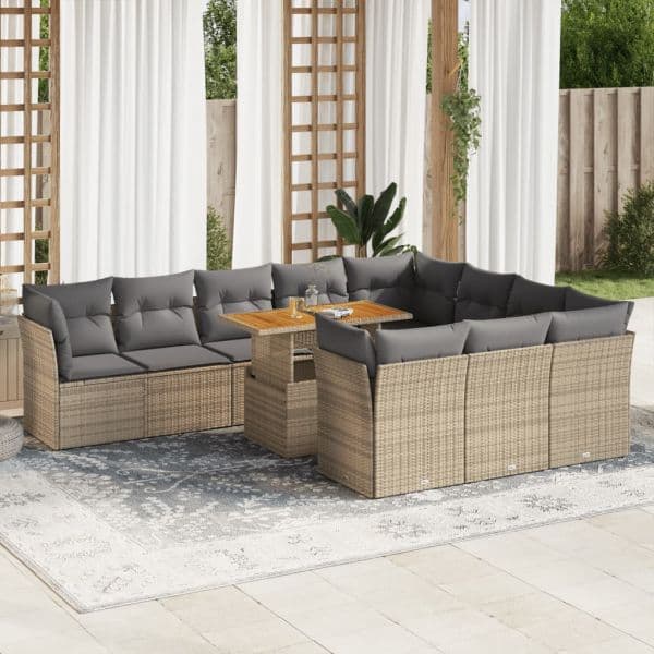 vidaXL 11 Peças Conjunto Sofás de Jardim com Almofadões Vime Pe Bege - 3289632242