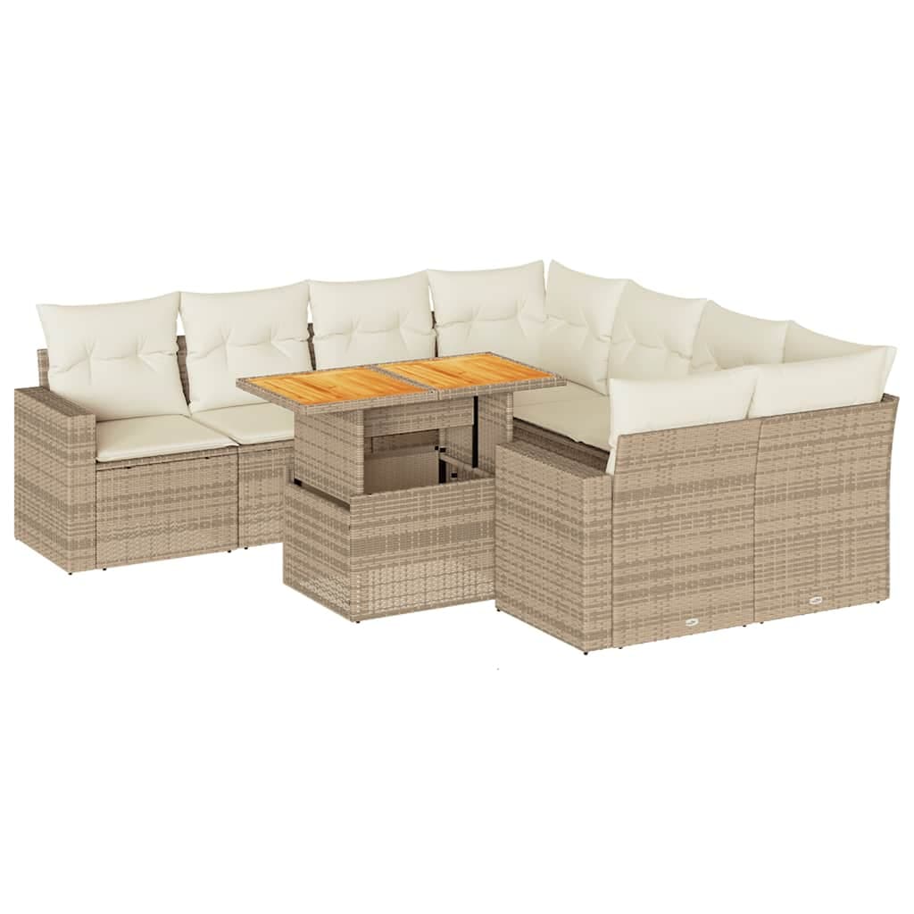 vidaXL 9 Peças Conjunto de Sofás para Jardim com Almofadões Vime Pe Bege - 1378027016