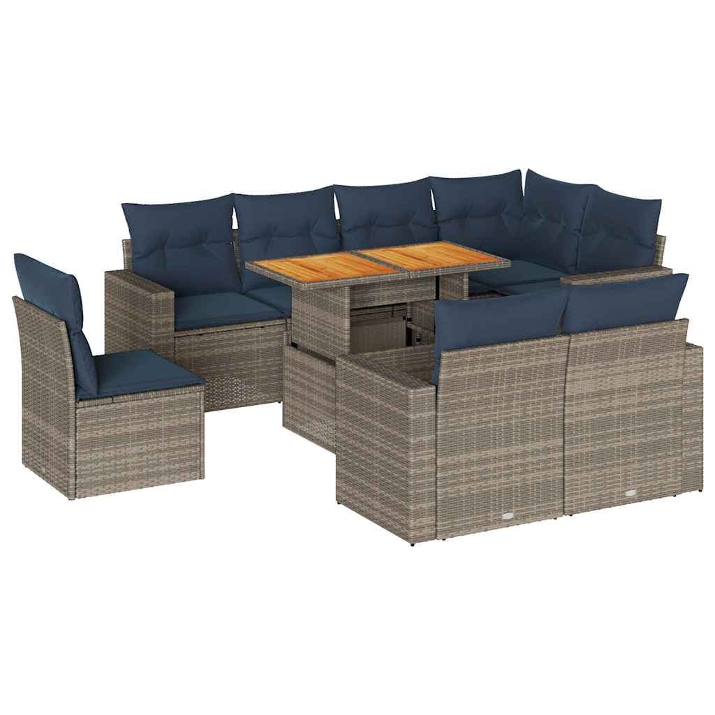 vidaXL 9 Peças Conjunto Sofás para Jardim com Almofadões Vime Pe Cinzento - 3522686475