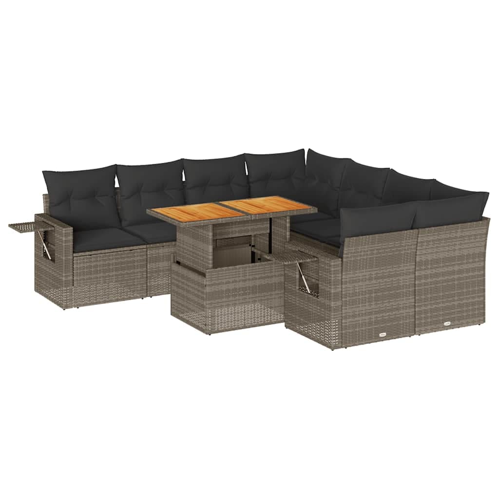 vidaXL 9 Peças Conjunto Sofás para Jardim com Almofadões Vime Pe Cinzento - 2164451235