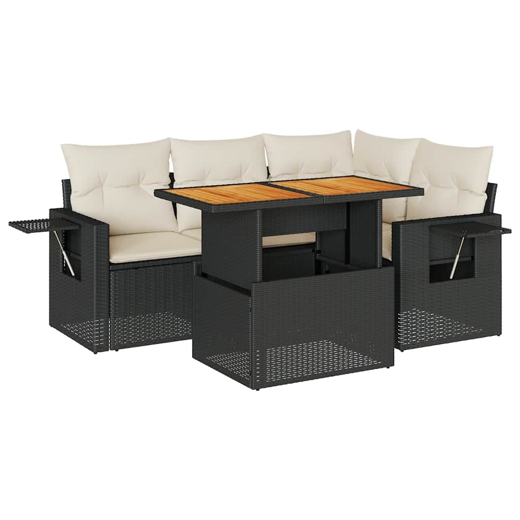vidaXL 5 Peças Conjunto Sofás de Jardim com Almofadões Vime Pe Preto - 3460526436