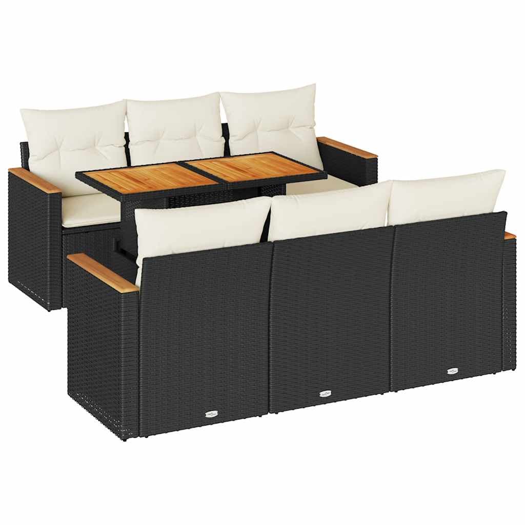 vidaXL 7 Peças Conjunto Sofás Jardim com Almofadões Vime Pe/acácia Preto - 1458316844