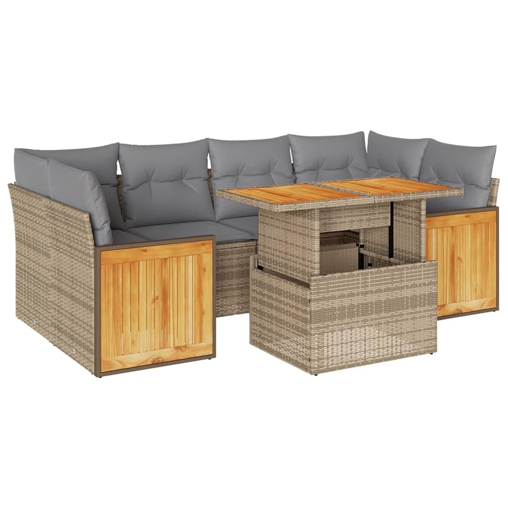 vidaXL 7 Peças Conjunto Sofás Jardim com Almofadões Vime Pe/acácia Bege - 2012474794