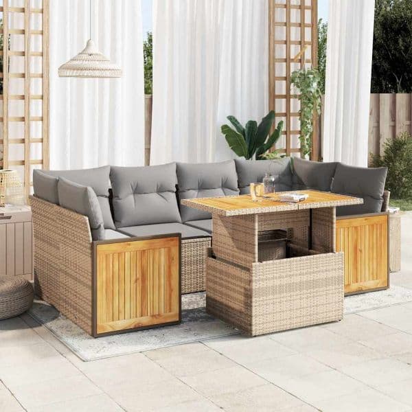 vidaXL 7 Peças Conjunto Sofás Jardim com Almofadões Vime Pe/acácia Bege - 2012474794