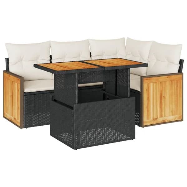 vidaXL 5 Peças Conjunto Sofás de Jardim com Almofadões Acácia e Vime Pe - 2929903826