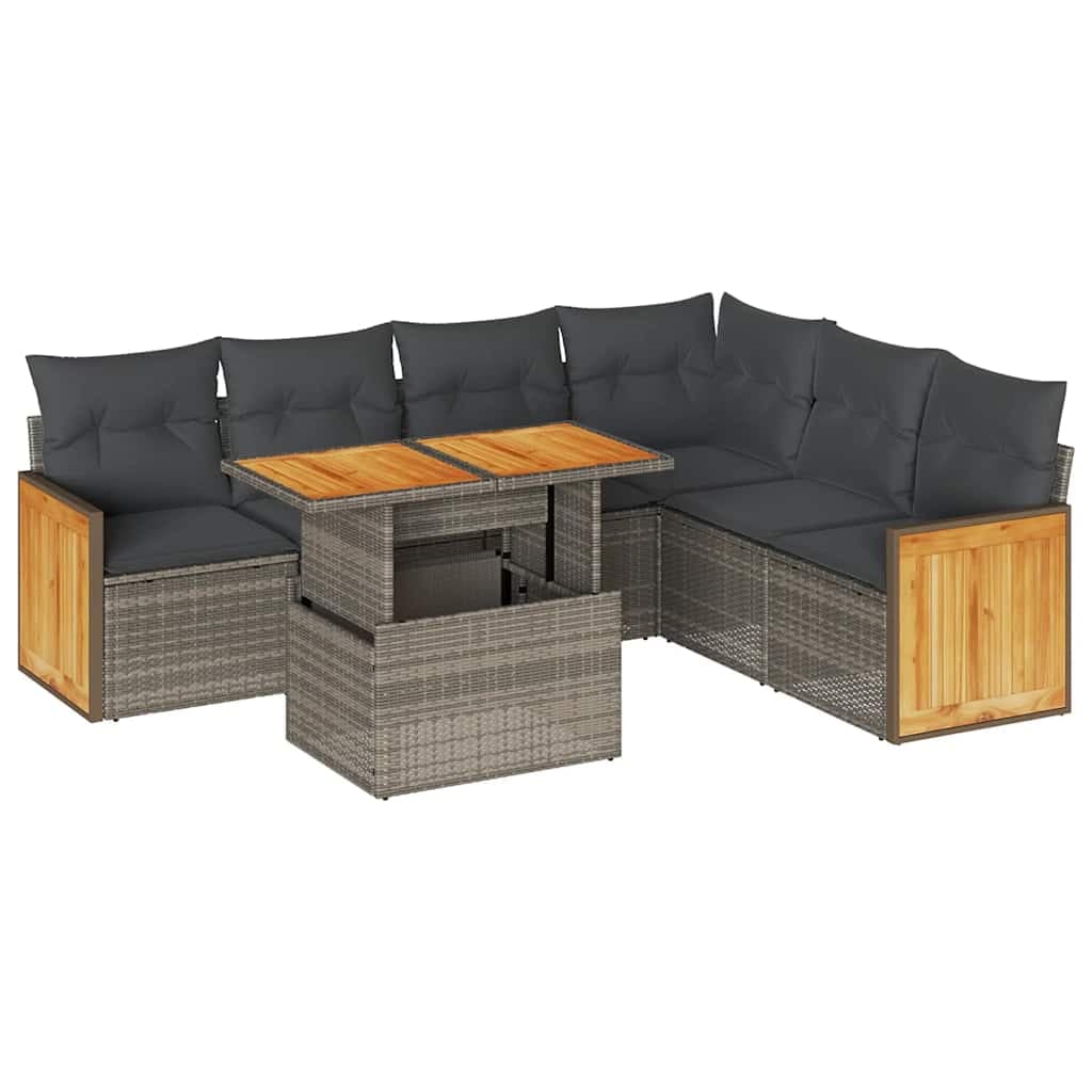 vidaXL 7 pcs conjunto sofás jardim almofadões vime PE/acácia cinzento