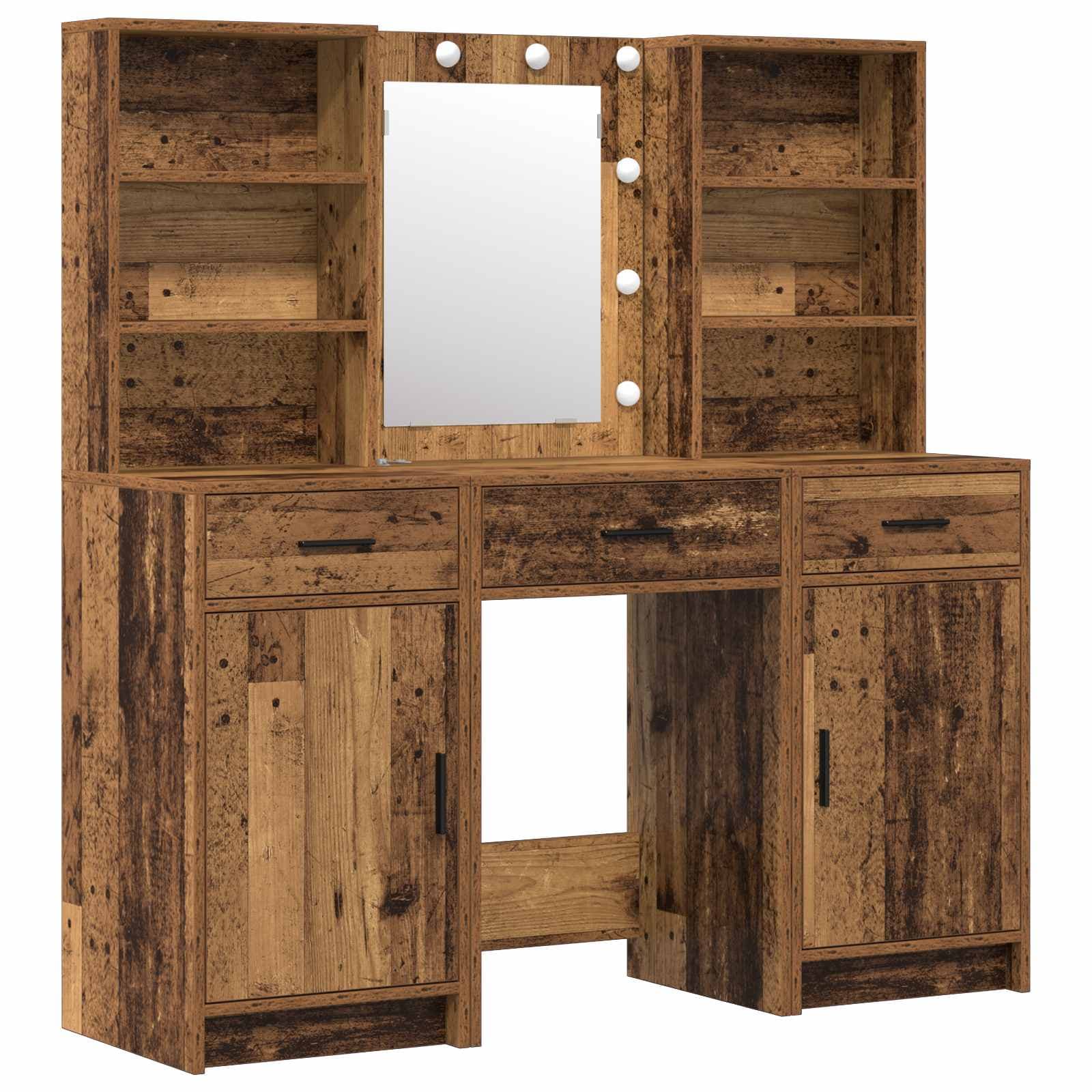 vidaXL Conjunto de Mesa de Maquiagem com LED 3 pcs Madeira antiga