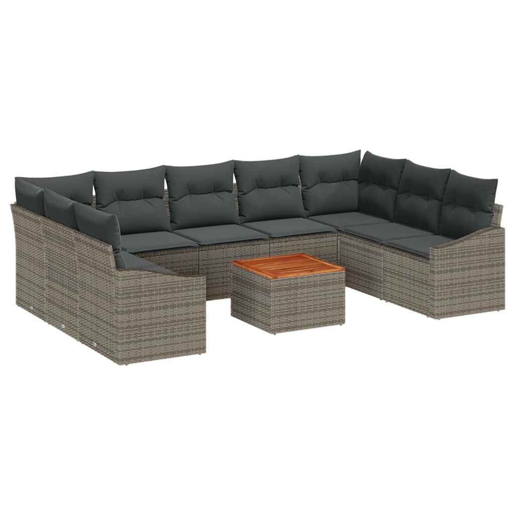 vidaXL Conjunto de Sofá de Jardim com Almofada 10 Peças Cinzeto Vime Pe - 4221270315