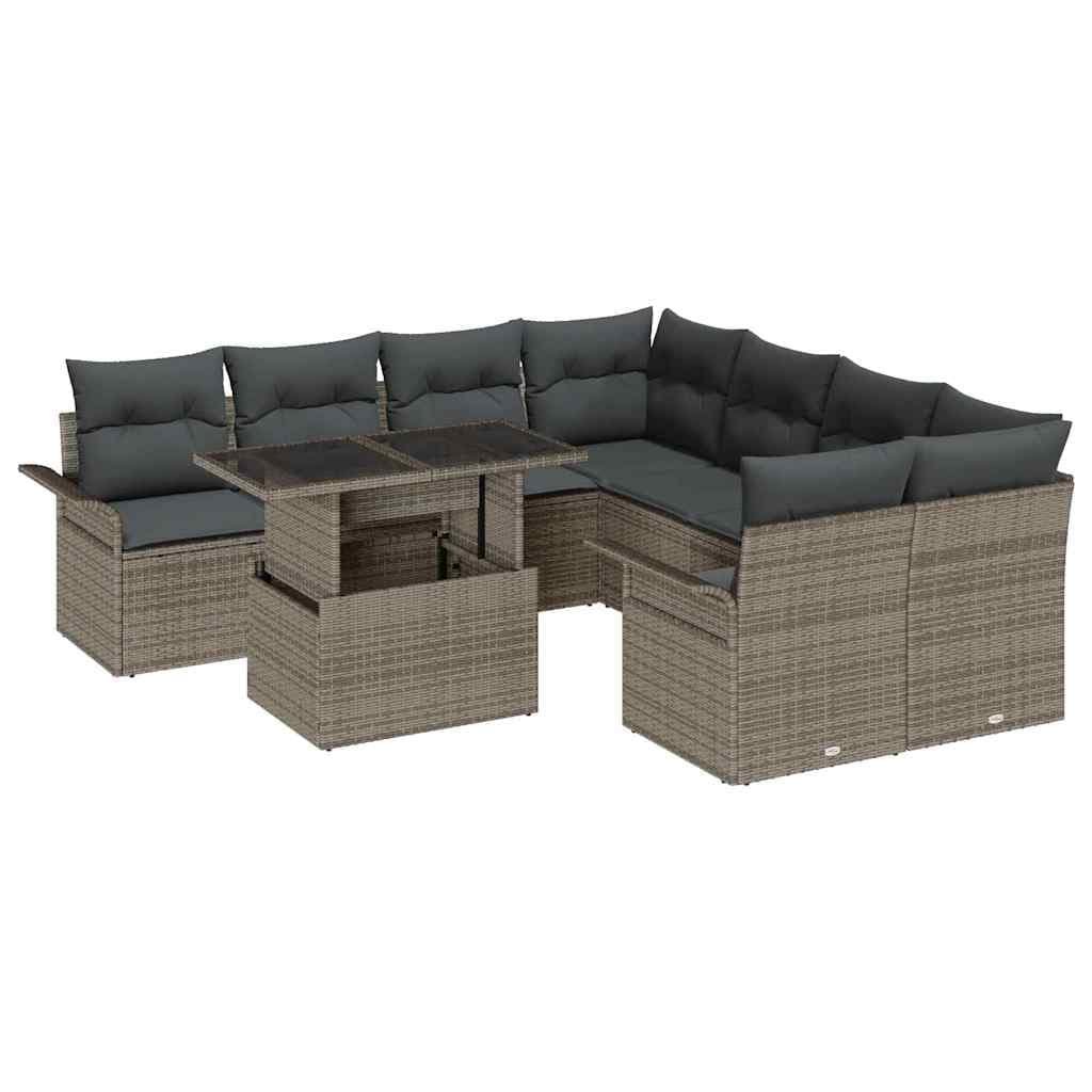 vidaXL Conjunto de Sofá de Jardim com Almofada 9 Peças Cinzeto Vime Pe - 3948854975