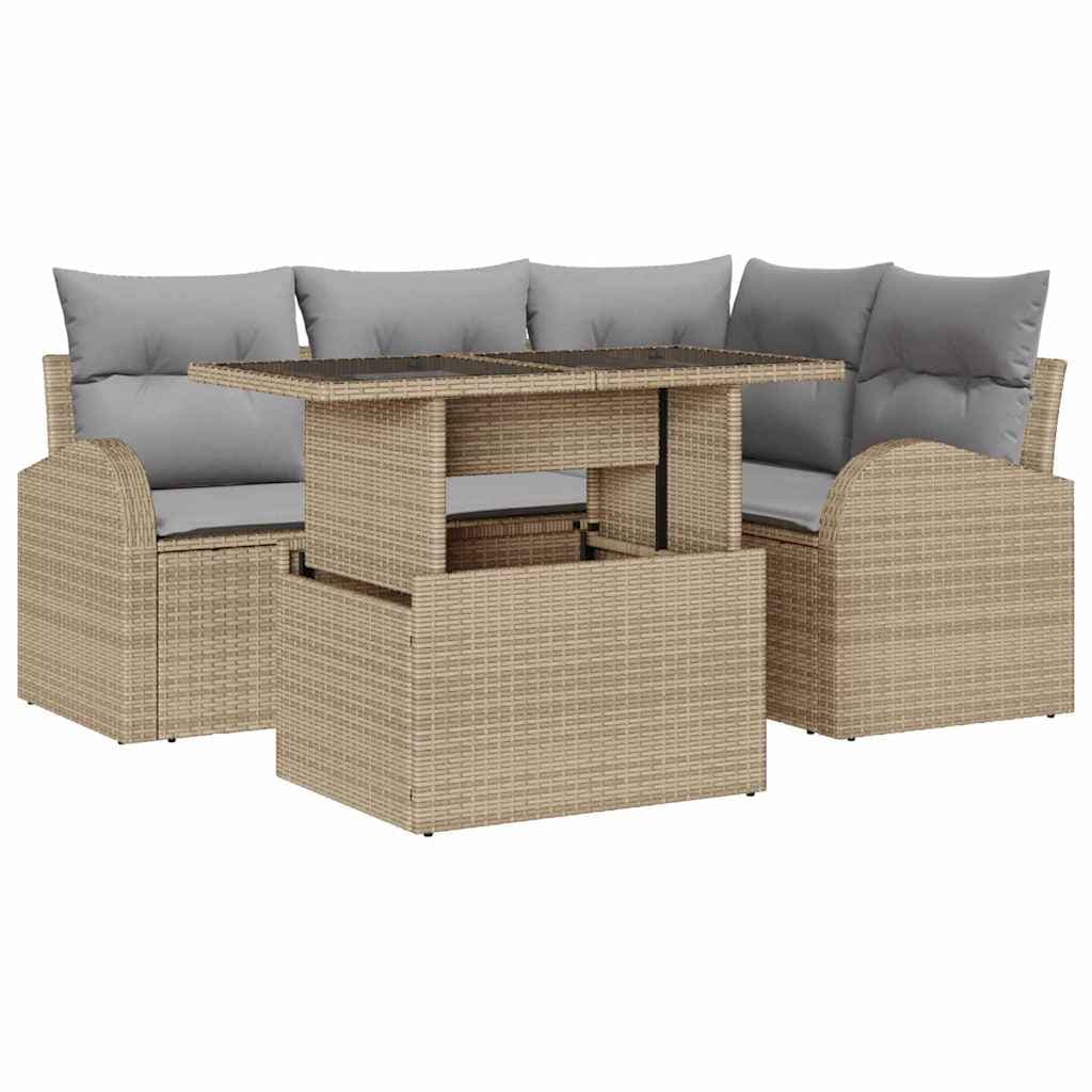 vidaXL Conjunto de Sofá de Jardim com Almofada 5 Peças Bege Vime Pe - 587522143