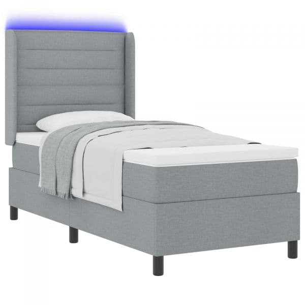 vidaXL Cama Box com Colchão e Luz led Cinza Claro 100x200 cm Tecido - 2577248999
