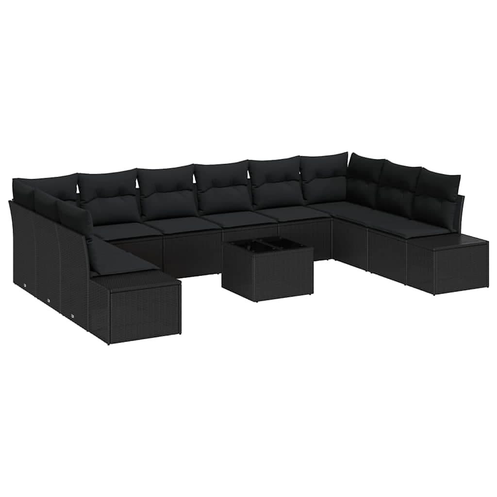 vidaXL Conjunto de Sofá de Jardim com almofada 10 pcs Preto Polirattan