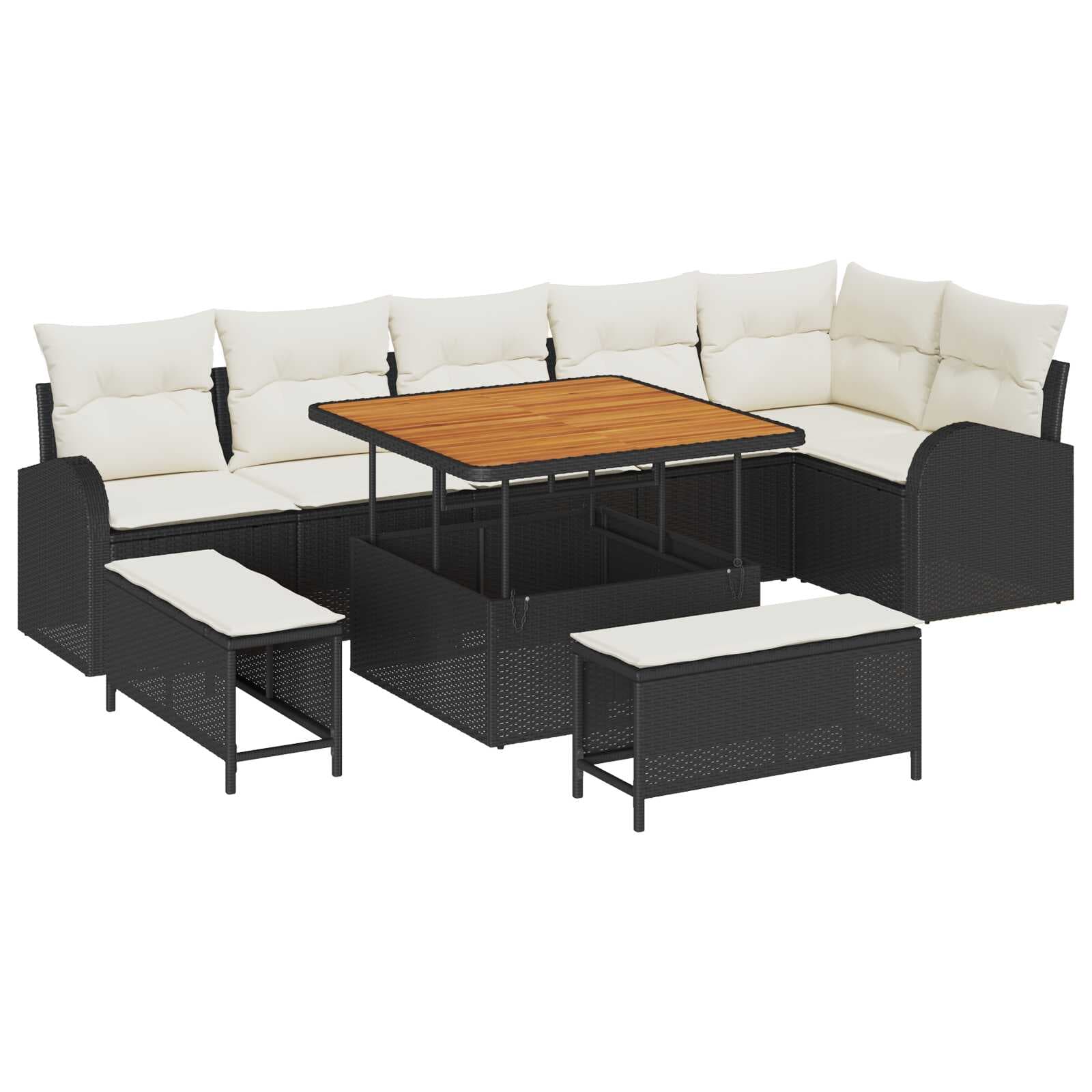 vidaXL Conjunto de Sofá de Jardim com almofada 9 pcs Preto e Creme