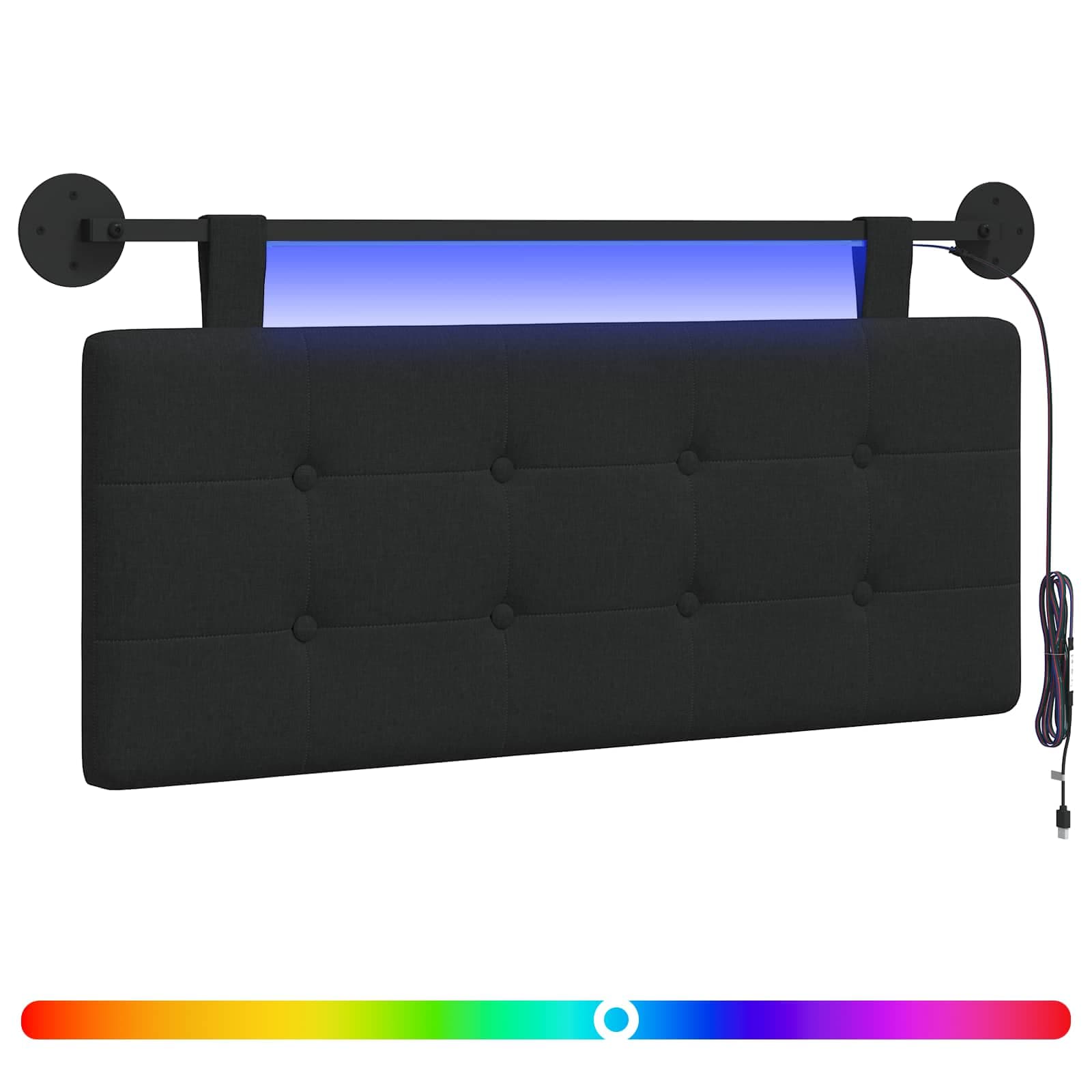 vidaXL Cabeceira suspensa Com luz LED Preto Tecido