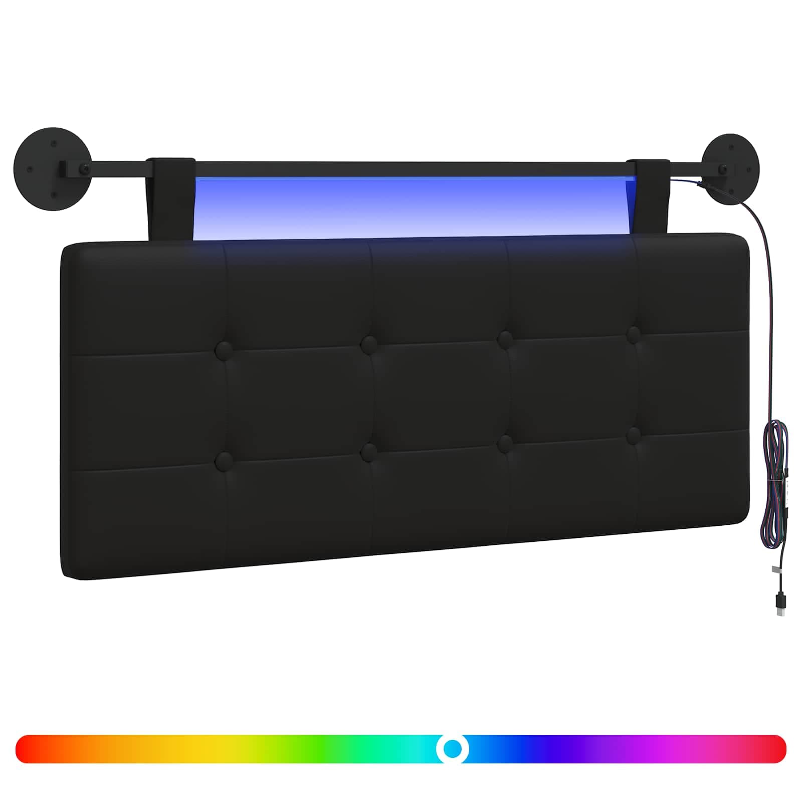 vidaXL Cabeceira suspensa Com luz LED Preto Couro Sintético