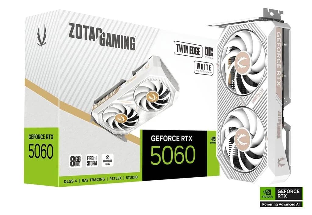 Tarjeta Gráfica Zotac GeForce RTX 5060 Twin Edge OC White Edition 8GB GDDR7 Reflex 2 RTX AI DLSS4