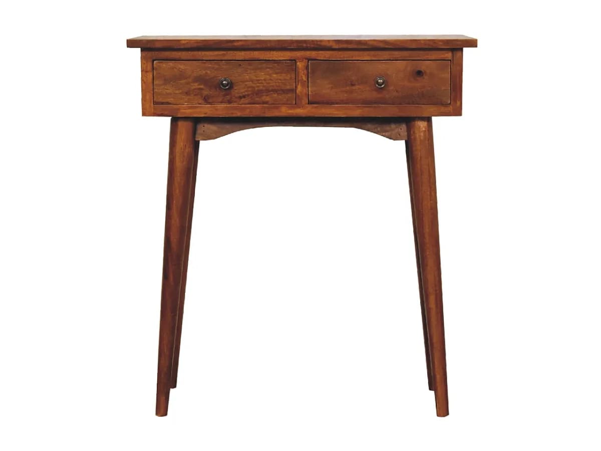 Mesa de apoio em miniatura para hall de entrada, da Artisan Furniture, feita de madeira maciça marrom-castanho, com 2 gavetas.