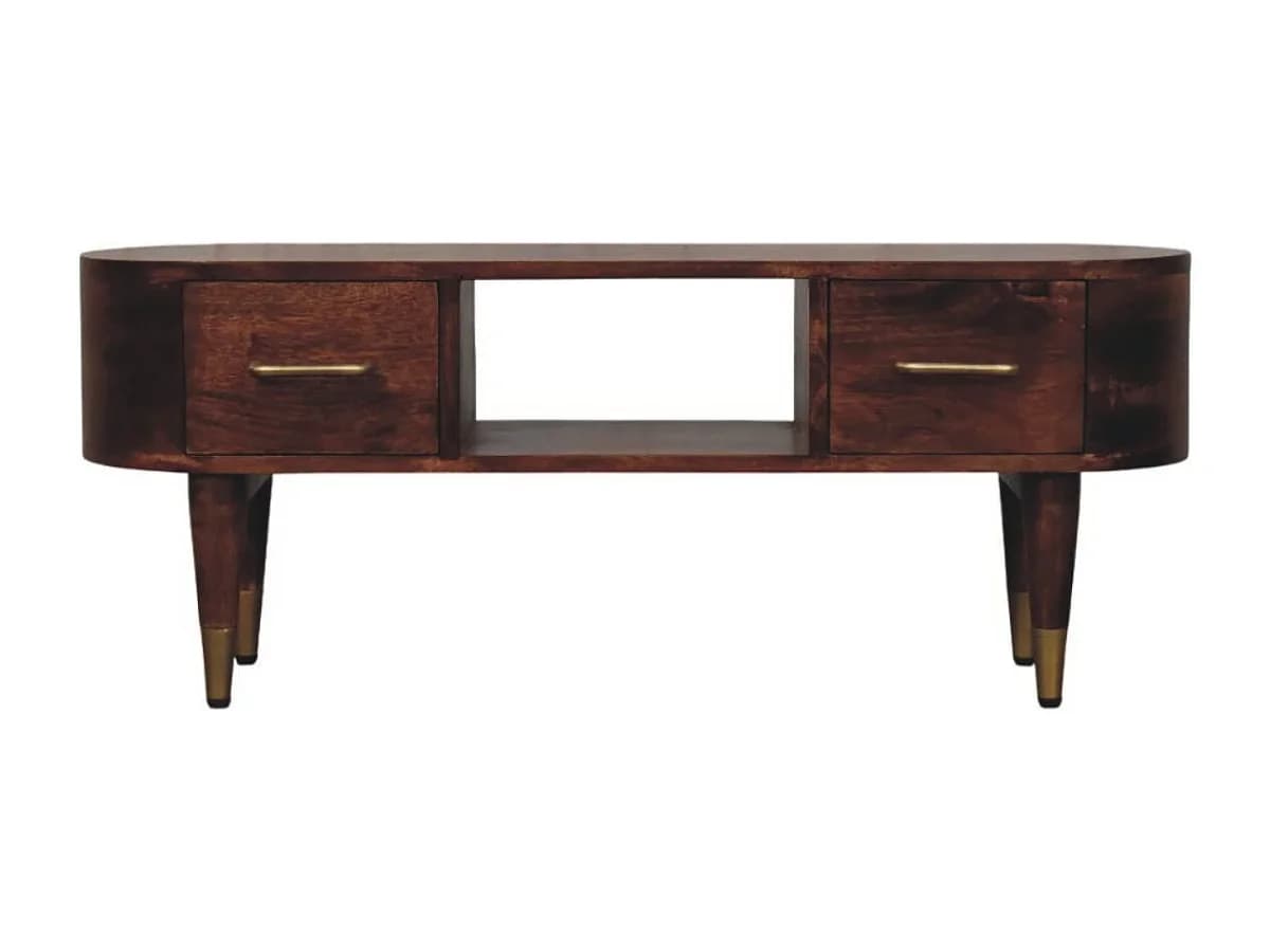 Console multimídia curvada Valenza da Artisan Furniture, feita de madeira maciça, com 2 gavetas e 1 compartimento aberto, marrom.
