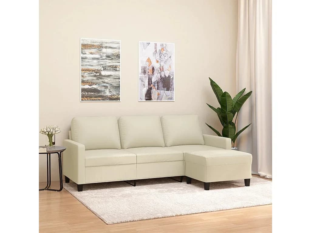 Sofá 3 lugares c/ apoio pés 180 cm couro artificial cor creme PT374220